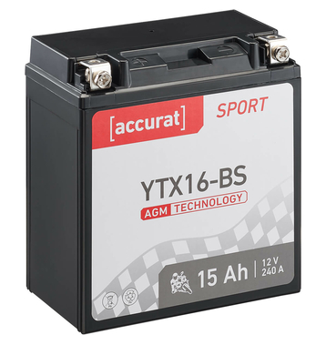 Accurat Motorradbatterie YTX16-BS 15Ah 240A 12V AGM Starterbatterie in Erstausrüsterqualität rüttelfest leistungsstark inkl Säurepack wartungsfrei 